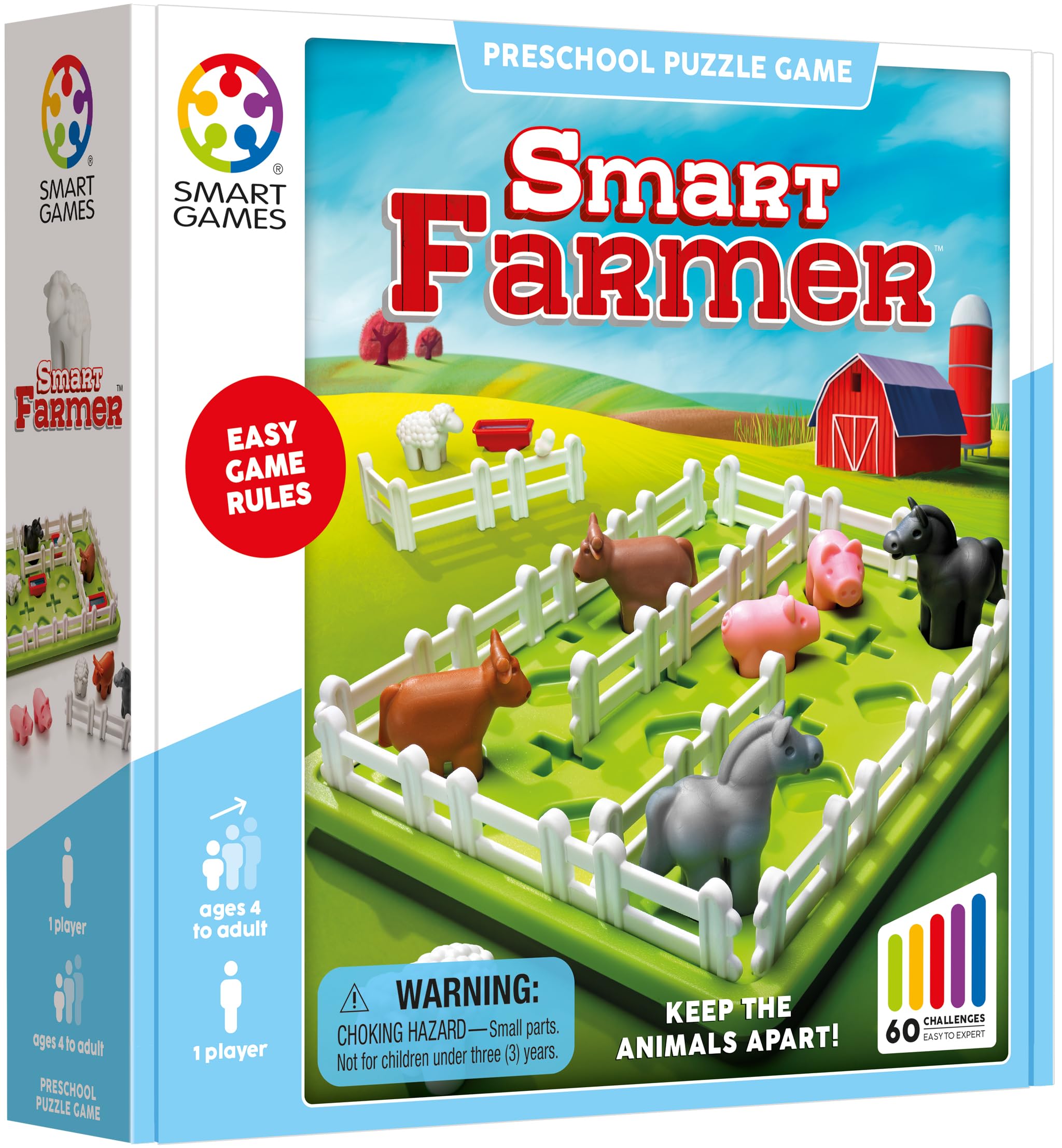 SmartGames Smart Farmer 3D animals placed on the pasture, inviting hands-on problem solving.