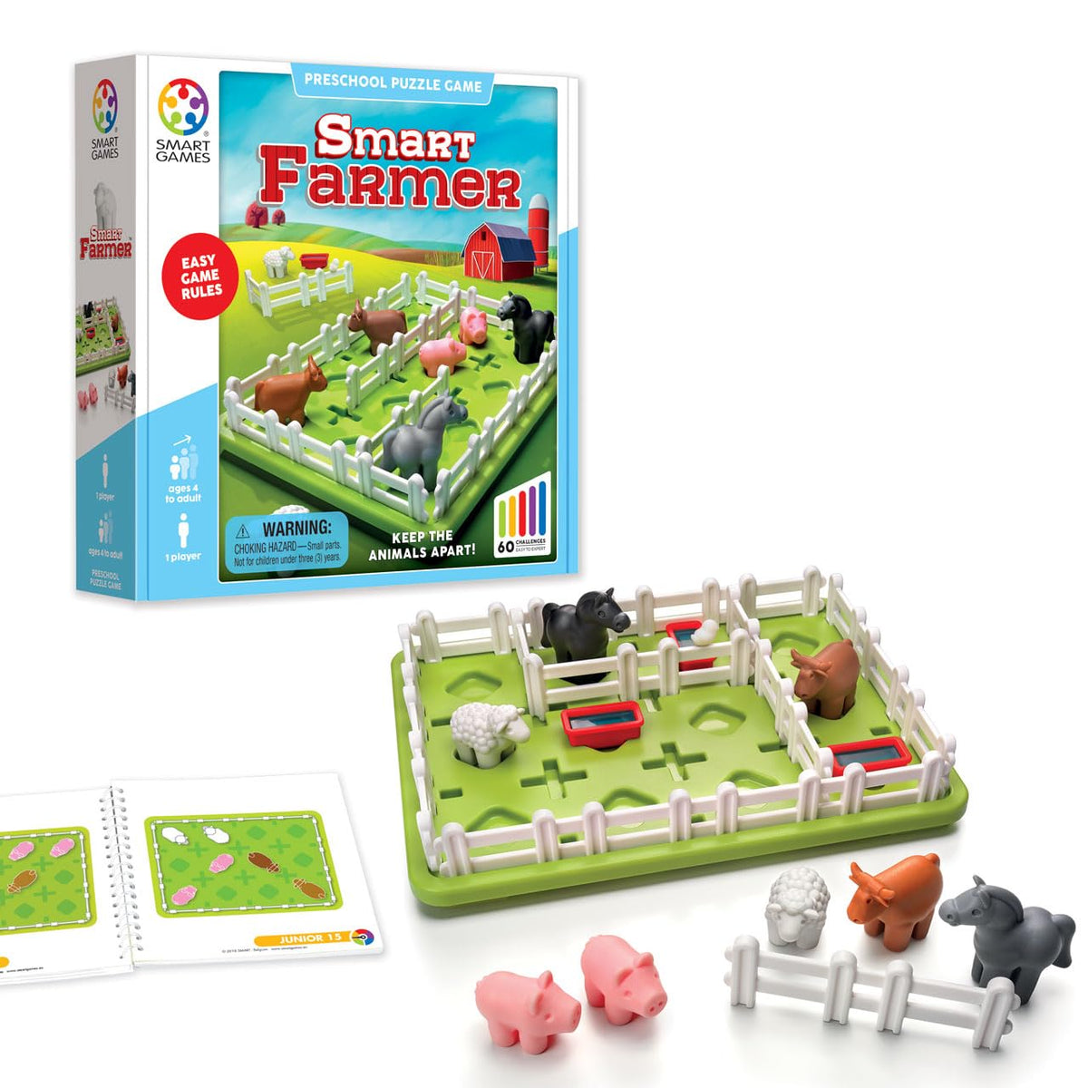 SmartGames Smart Farmer board showing fence placements for barnyard puzzles, encouraging logical planning.
