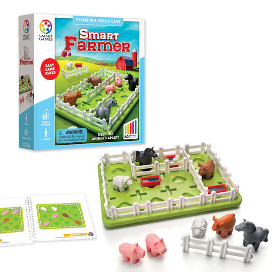 SmartGames Smart Farmer board showing fence placements for barnyard puzzles, encouraging logical planning.