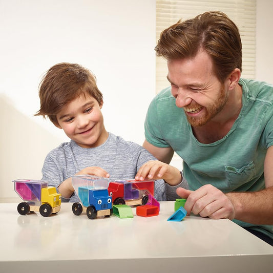 SmartGames Trucky 3 wooden trucks with transparent containers support visual tracking