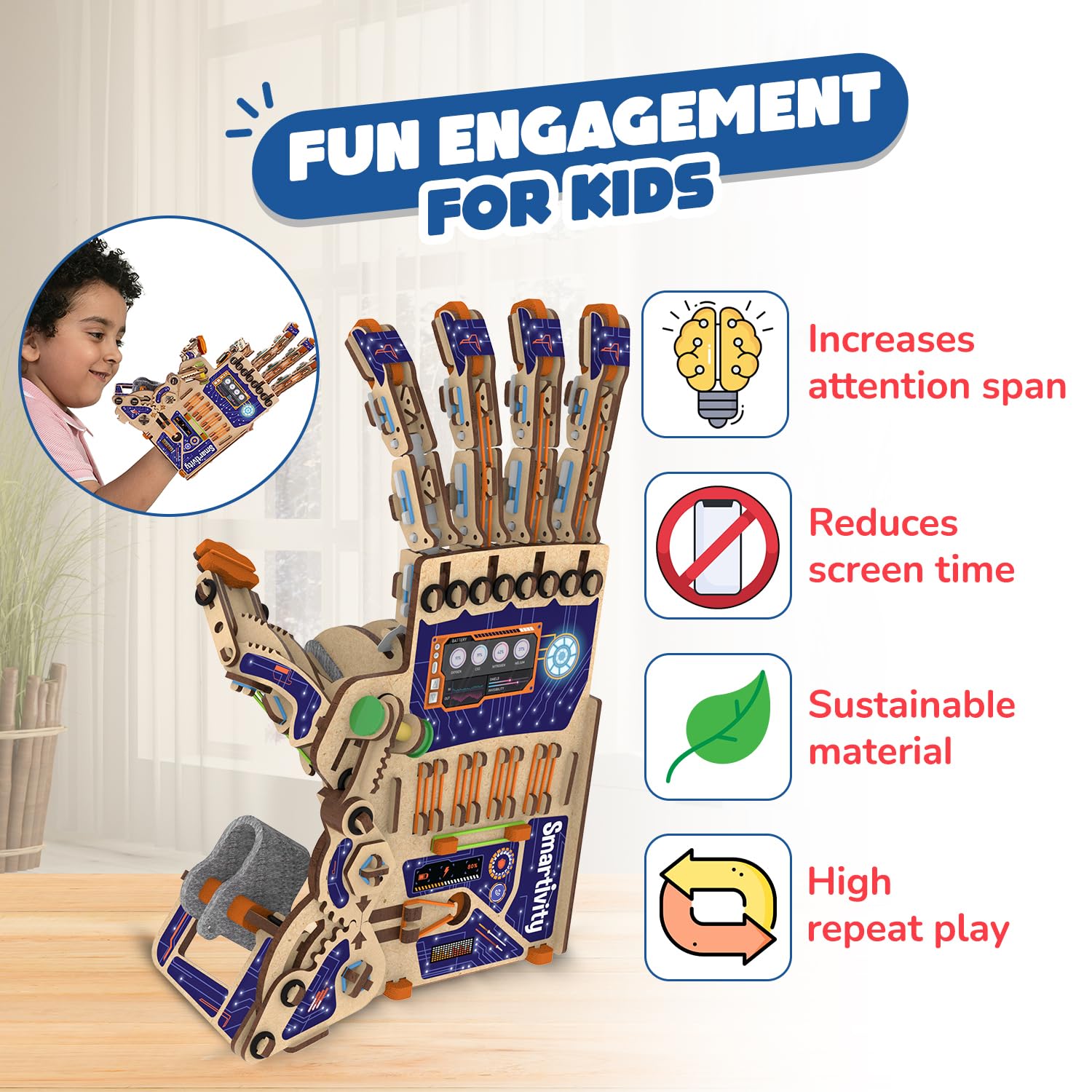 Smartivity DIY robotic hand assembly highlights guided construction boosting creativity and problem solving.