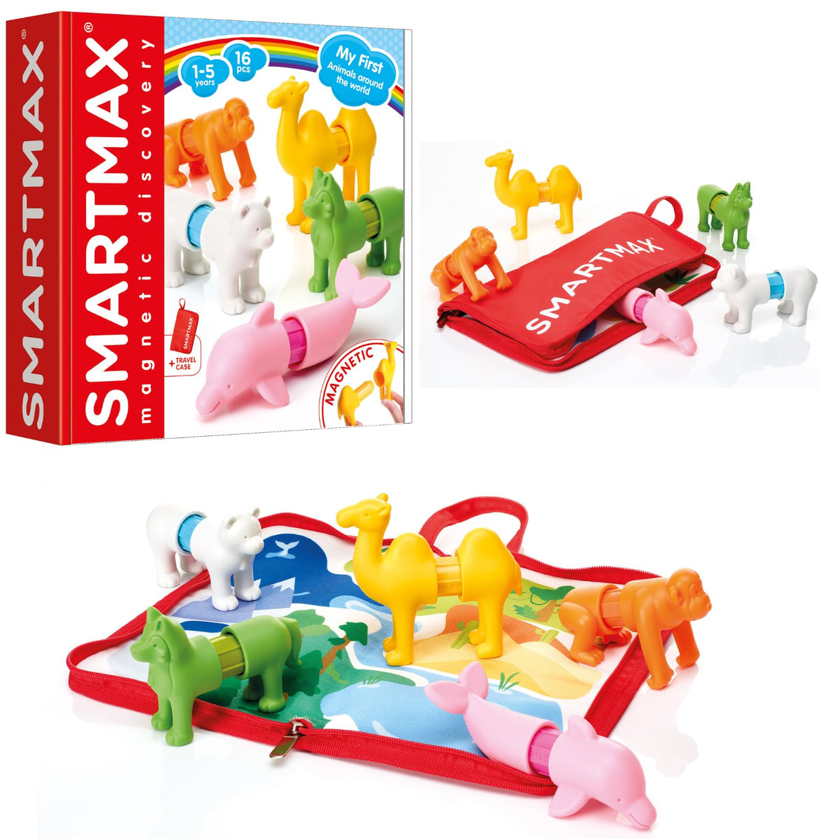 SmartMax First Animals world map playmat showing habitats and colorful pieces.