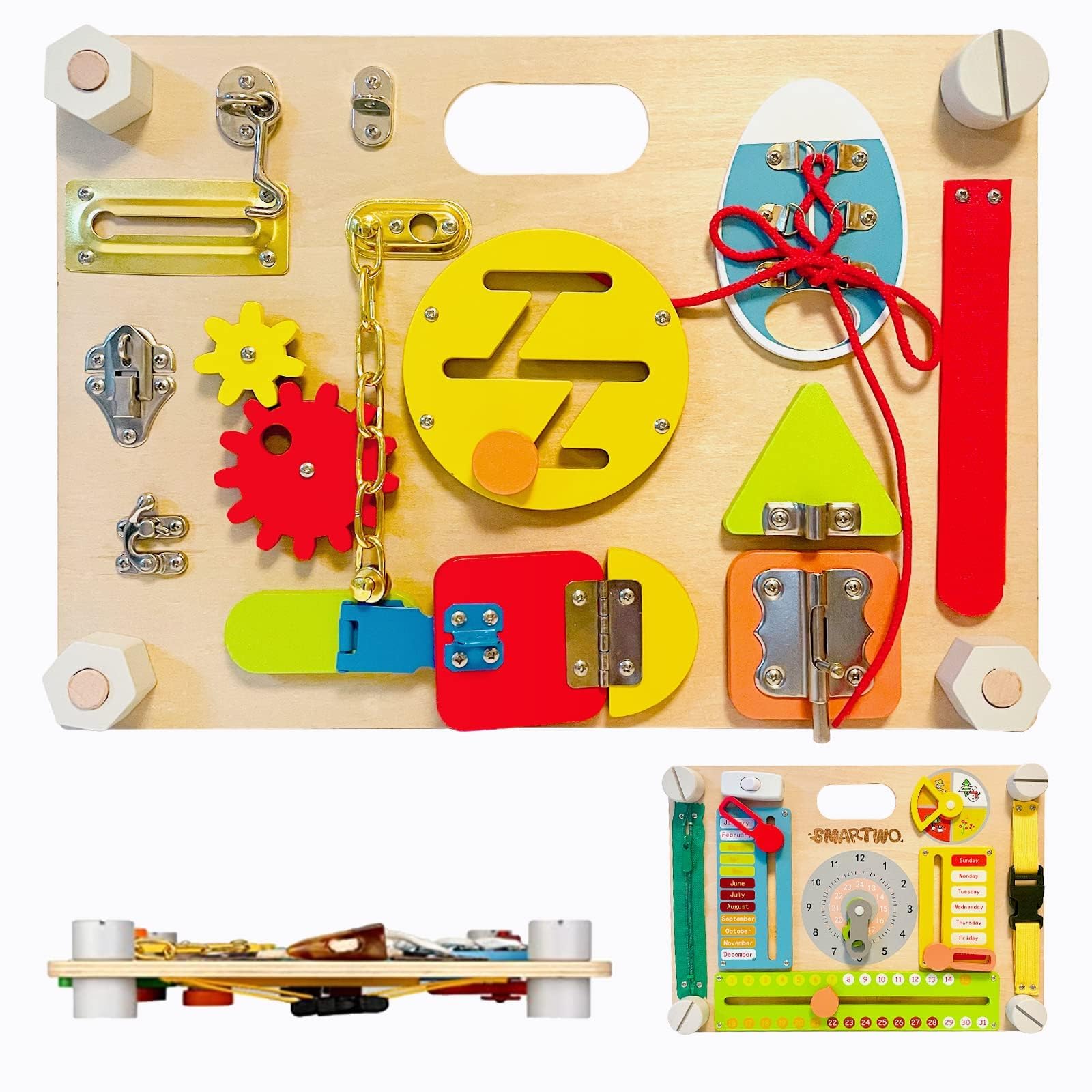Smartwo busy board front view showing diverse activities to boost toddler focus