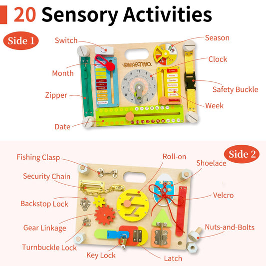 Smartwo busy board side view highlighting hands on play for motor skills