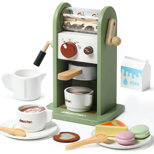 Smartwo Kids wooden coffee maker toy set enhances imaginative play.