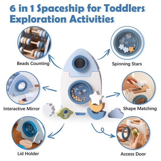 Smartwo Montessori rocket toy in beech wood stimulates hand-eye coordination.