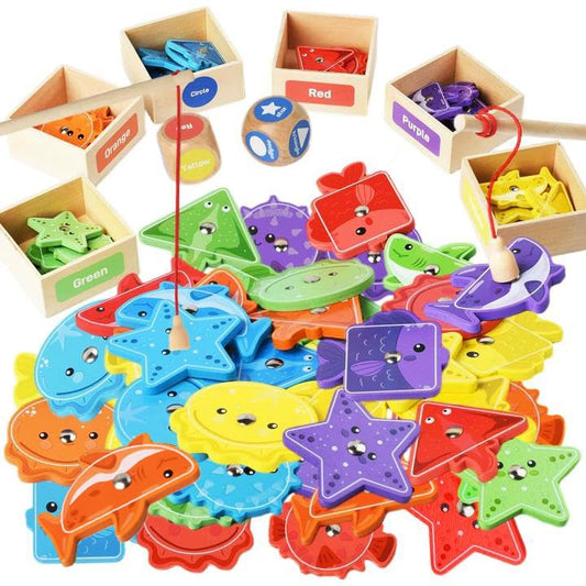 Smartwo Montessori wooden magnetic fishing game for toddlers with color and shape sorting benefits
