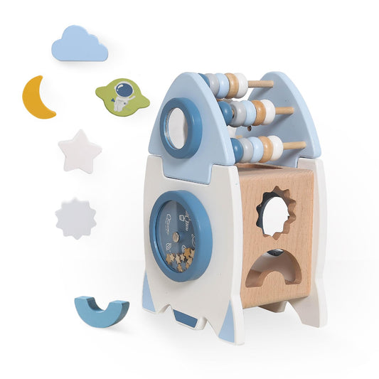 Smartwo wooden space toy rocket cube for sensory play and fine motor skills.