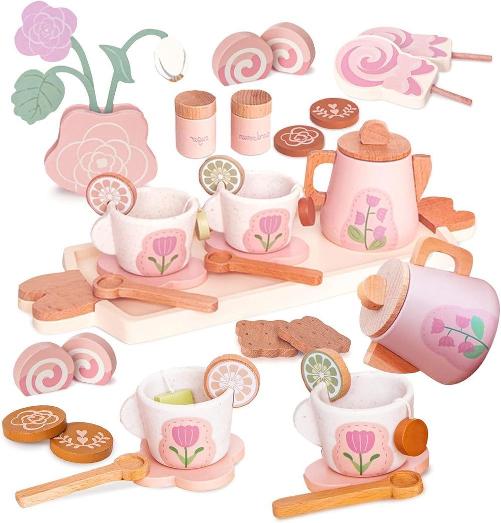 Smartwo wooden tea set tray for pretend play and organization