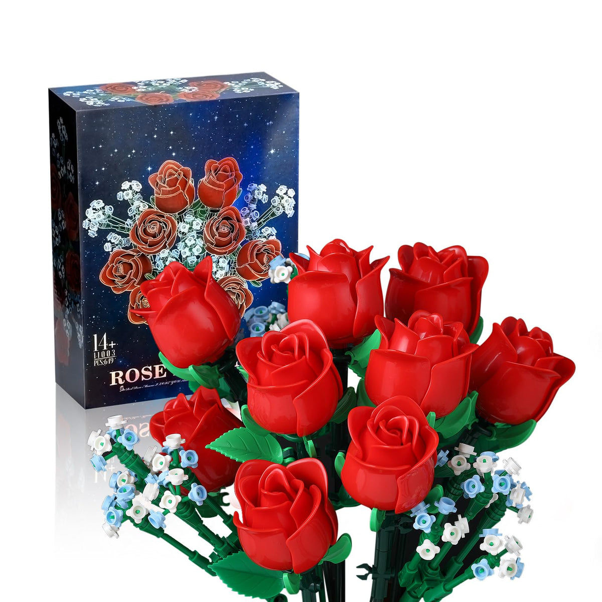 SMIDOLE Red Rose Bouquet Building Set with 9 roses for vibrant, reusable home decor.