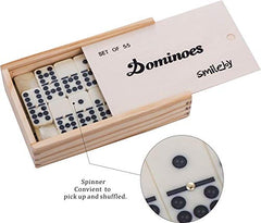 Smilejoy dominoes natural wood case highlights portable storage and easy transport.