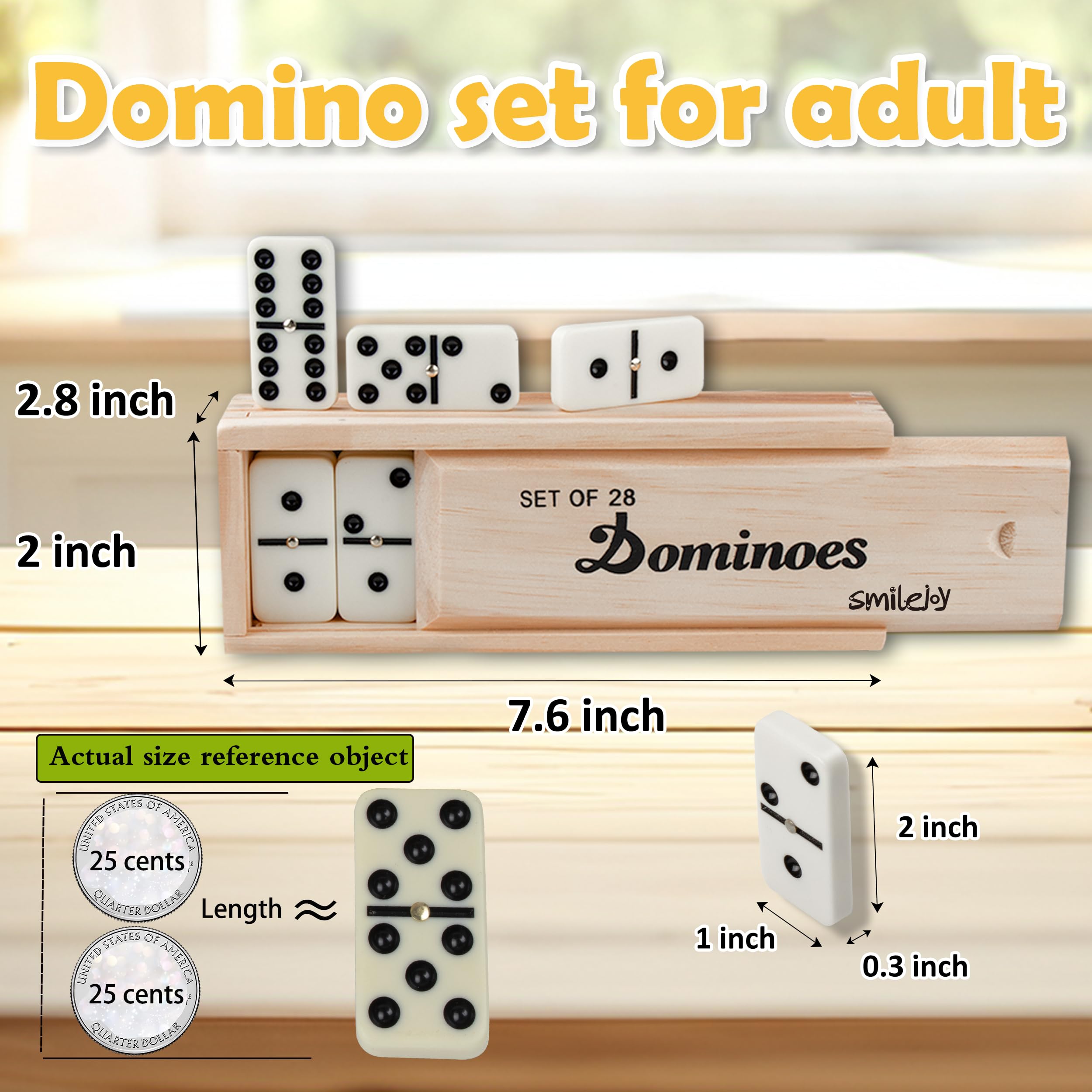 Smilejoy dominoes wooden box holds the durable set for easy storage.