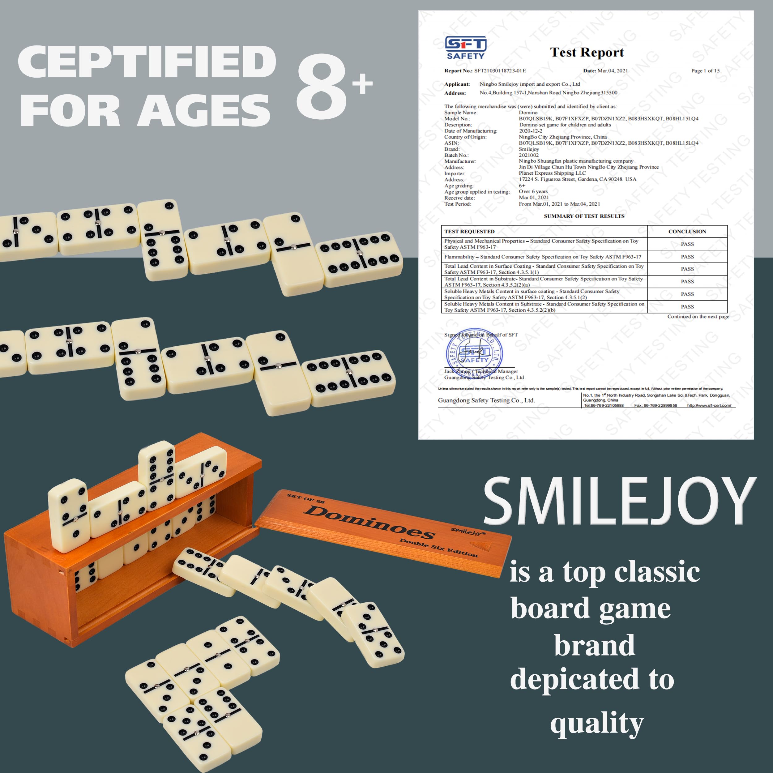 Smilejoy domino set prepared for two to four players in casual game nights.