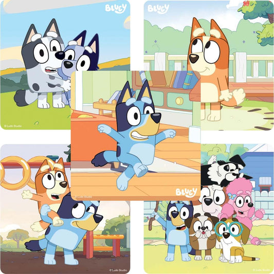SmileMakers Bluey & Friends stickers on a 2.5-inch rectangular sheet for easy decorating.
