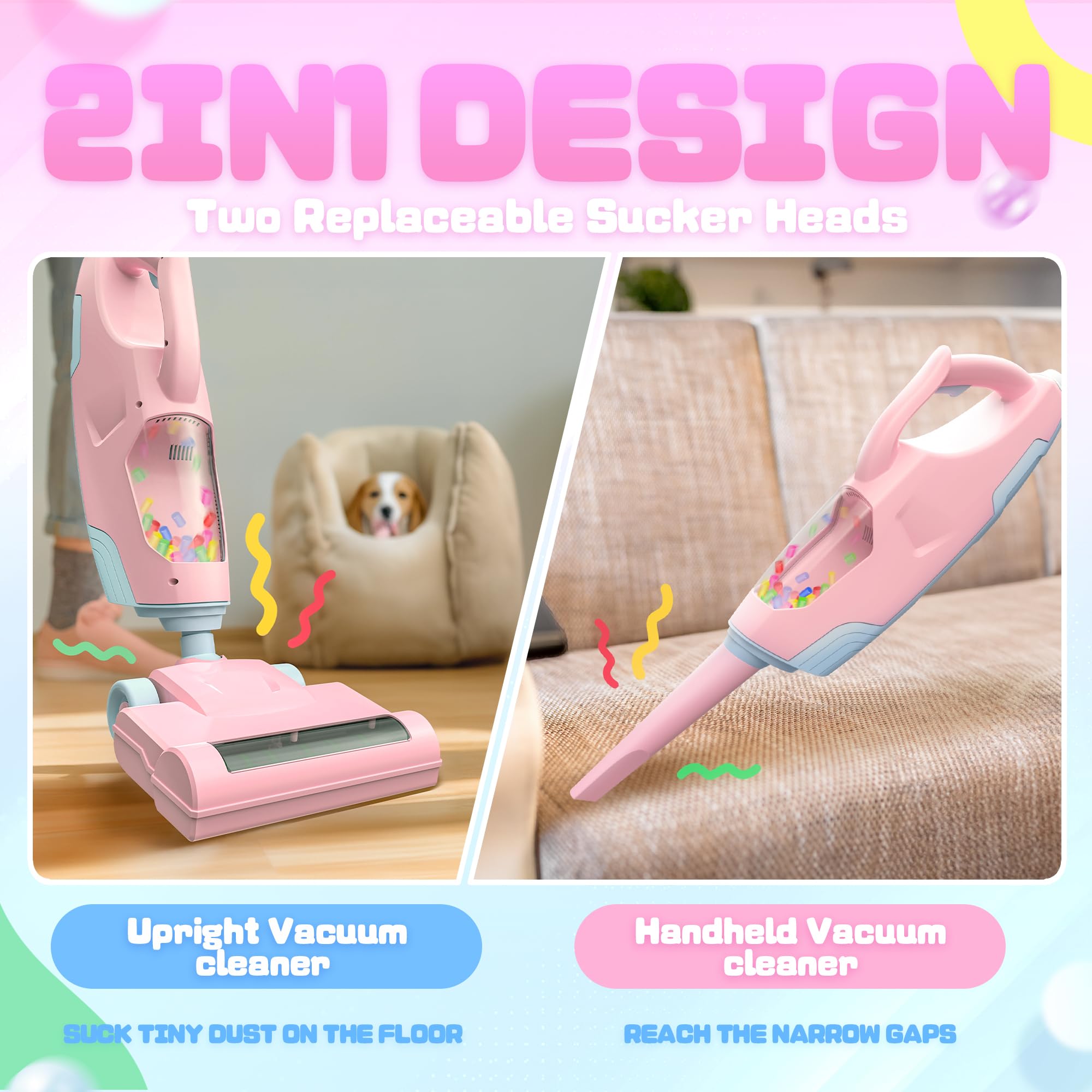 SMILESSKIDDO pink vacuum with two nozzles enables versatile pretend cleaning.