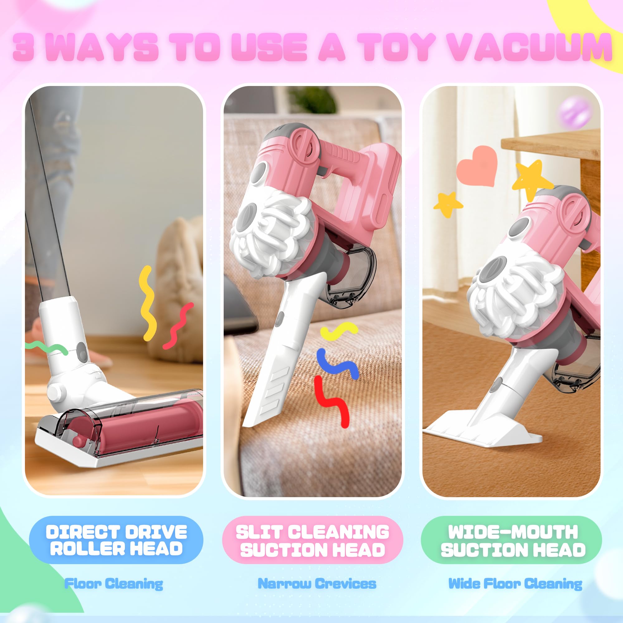 Three nozzle heads from SMILESSKIDDO expand cleaning play scenarios