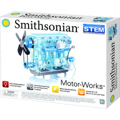Smithsonian Motor-Works Blue 4-cylinder engine model with lights and sound for hands-on learning.