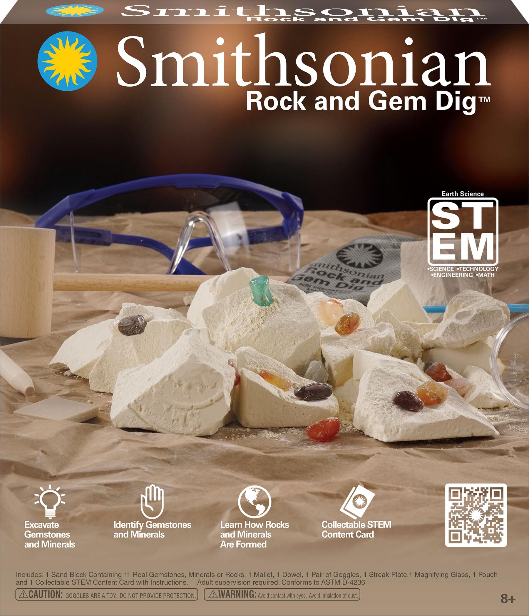 Smithsonian Rock and Gem Dig brown poster and magnifier aid identification and science exploration