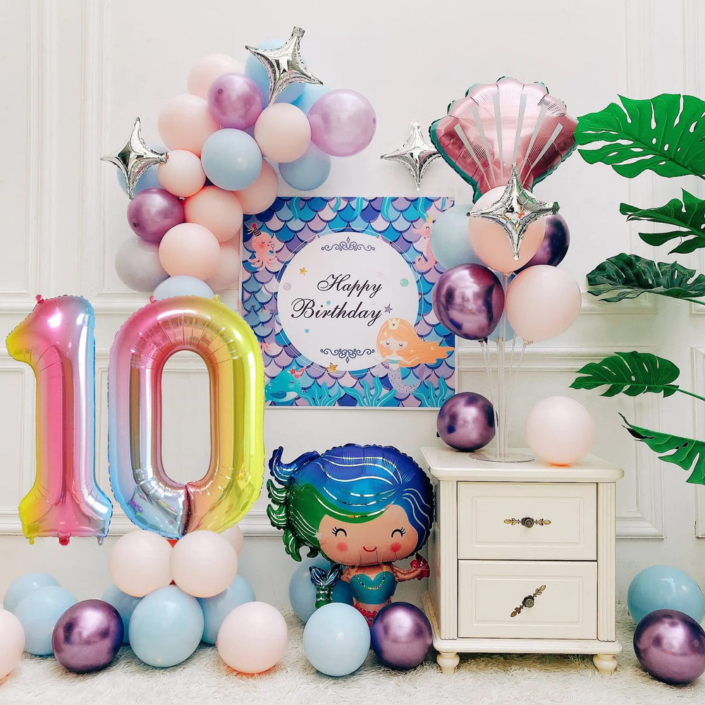 Smlpuame 0-9 number balloons with rainbow colors ideal for personalized birthday displays.