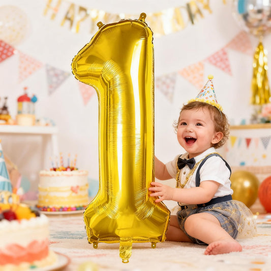 Smlpuame 40-inch gold number balloon side view adds a bright reflective accent