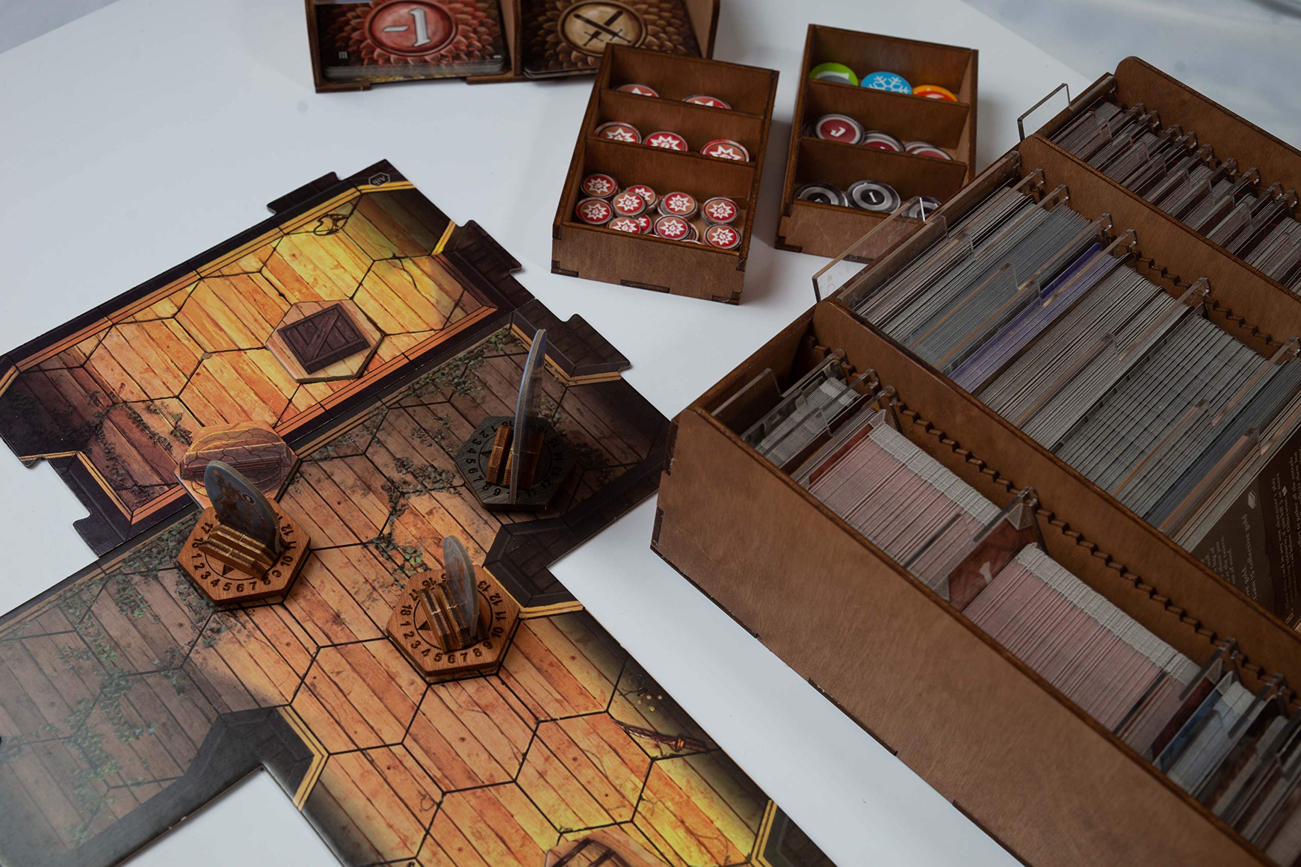 SMONEX unboxing view of wooden health tracker set for Gloomhaven Frosthaven