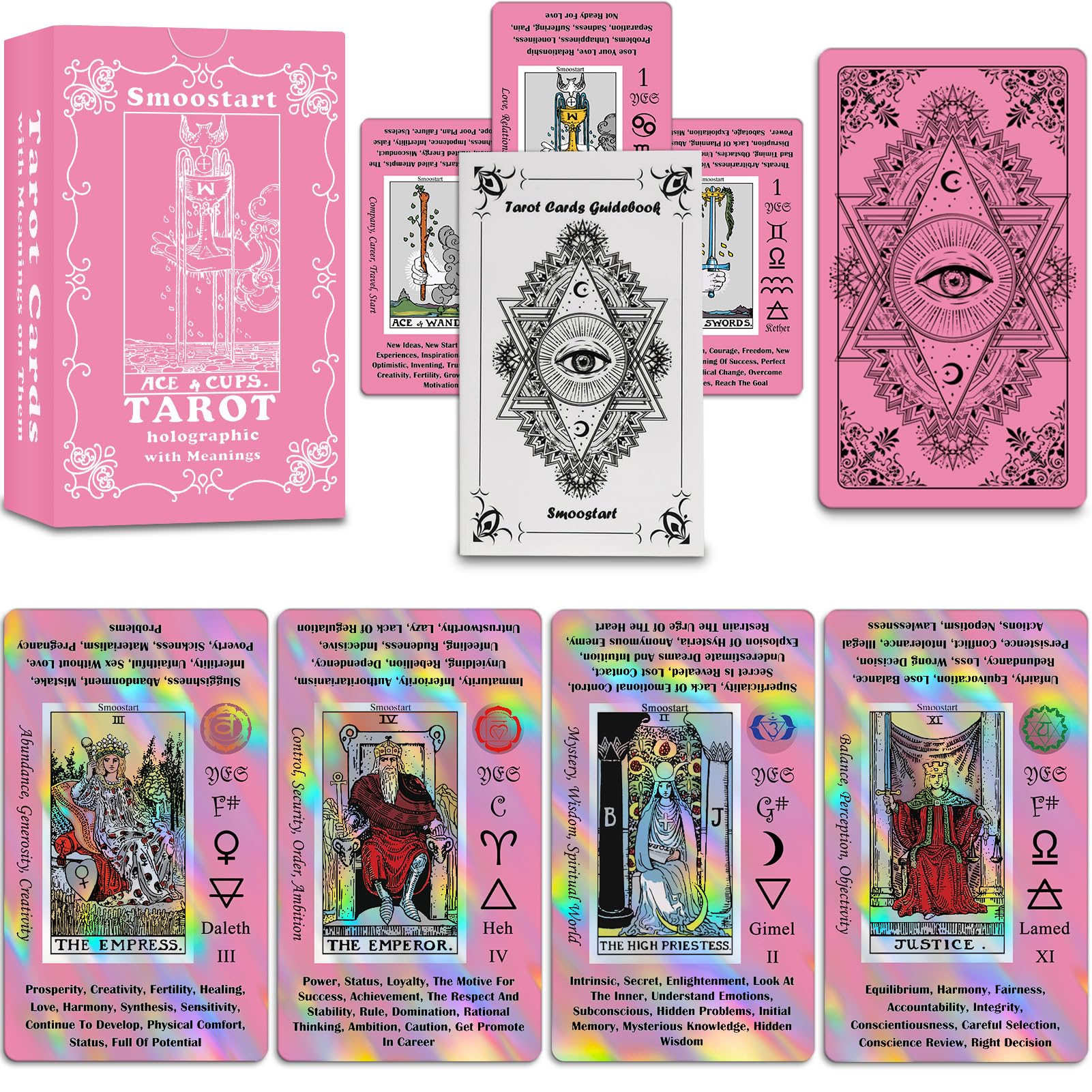 Smoostart pink tarot cards for beginners with clear meanings and a holographic gloss for easy study