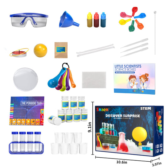 SNAEN safety goggles and bottle set foreground with labeled ingredients for safe exploration