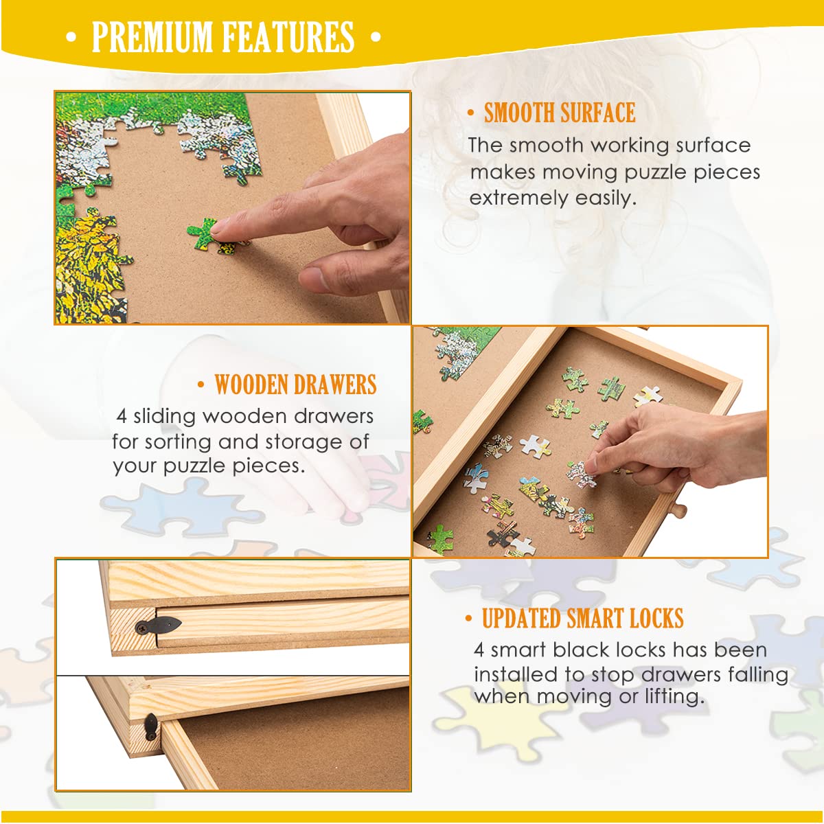 Snail Jumbo Puzzle Board magnetic drawers secure pieces during movement and sorting.