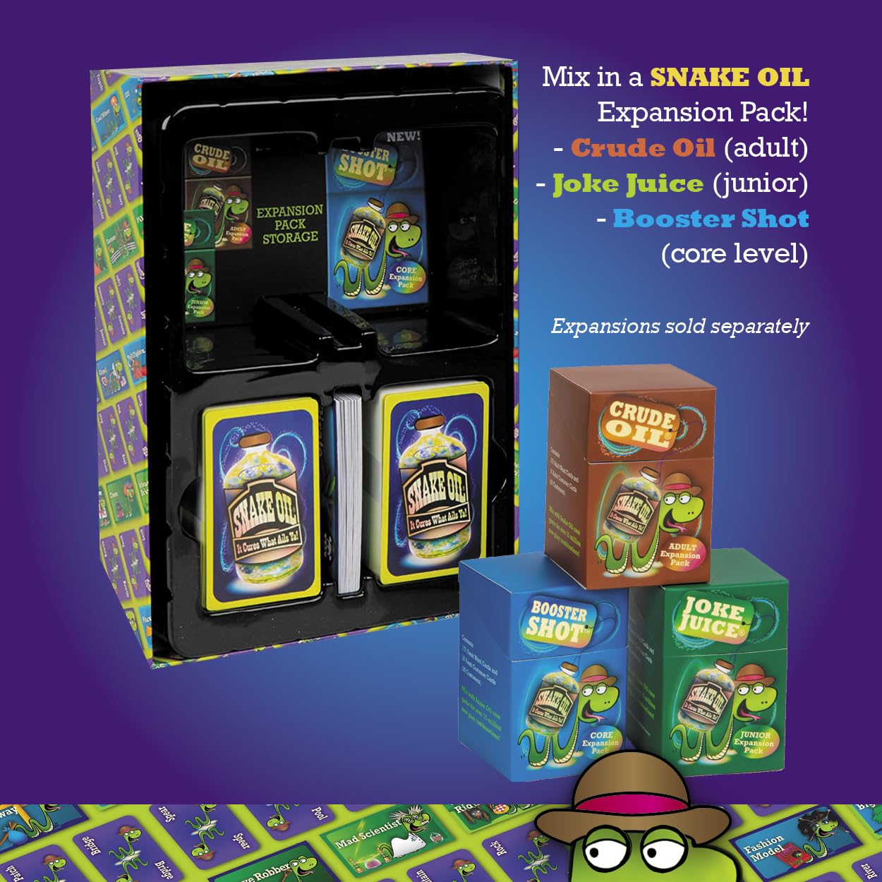 SNAKE OIL party scene shows lively group game night.