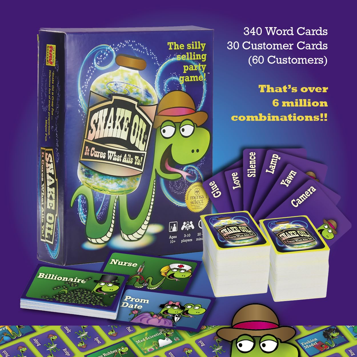 SNAKE OIL word cards spread, inspiring quick, humorous product ideas.