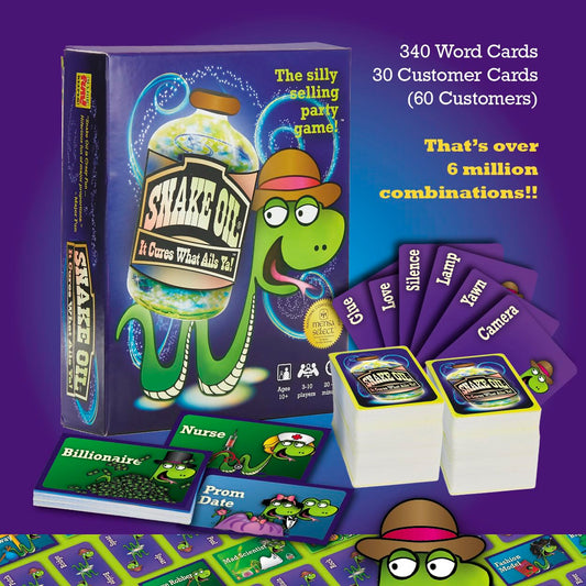 SNAKE OIL word cards spread, inspiring quick, humorous product ideas.