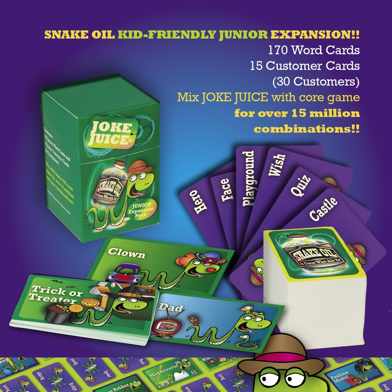 SNAKE OIL word cards spread for quick, silly product ideas.