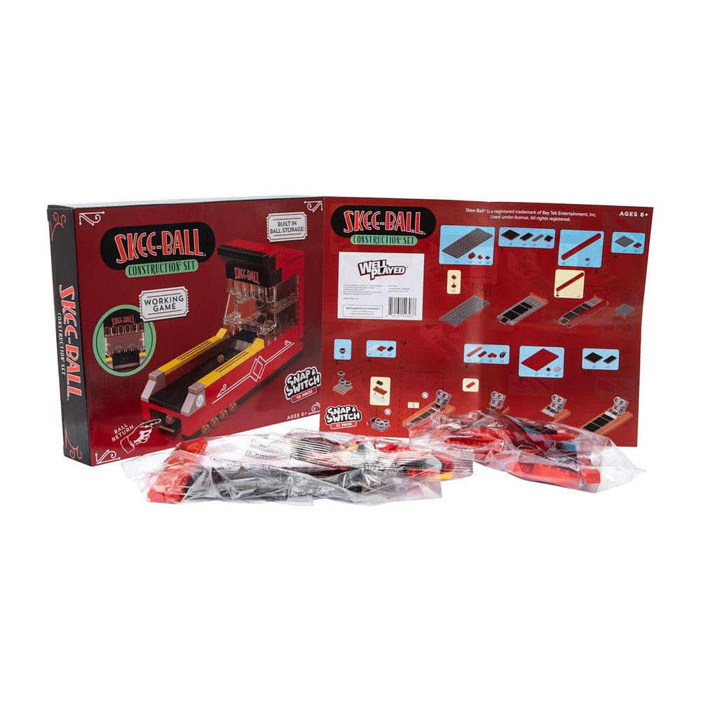 Snap and Switch skee-ball 92-piece set emphasizes fast setup and family fun.