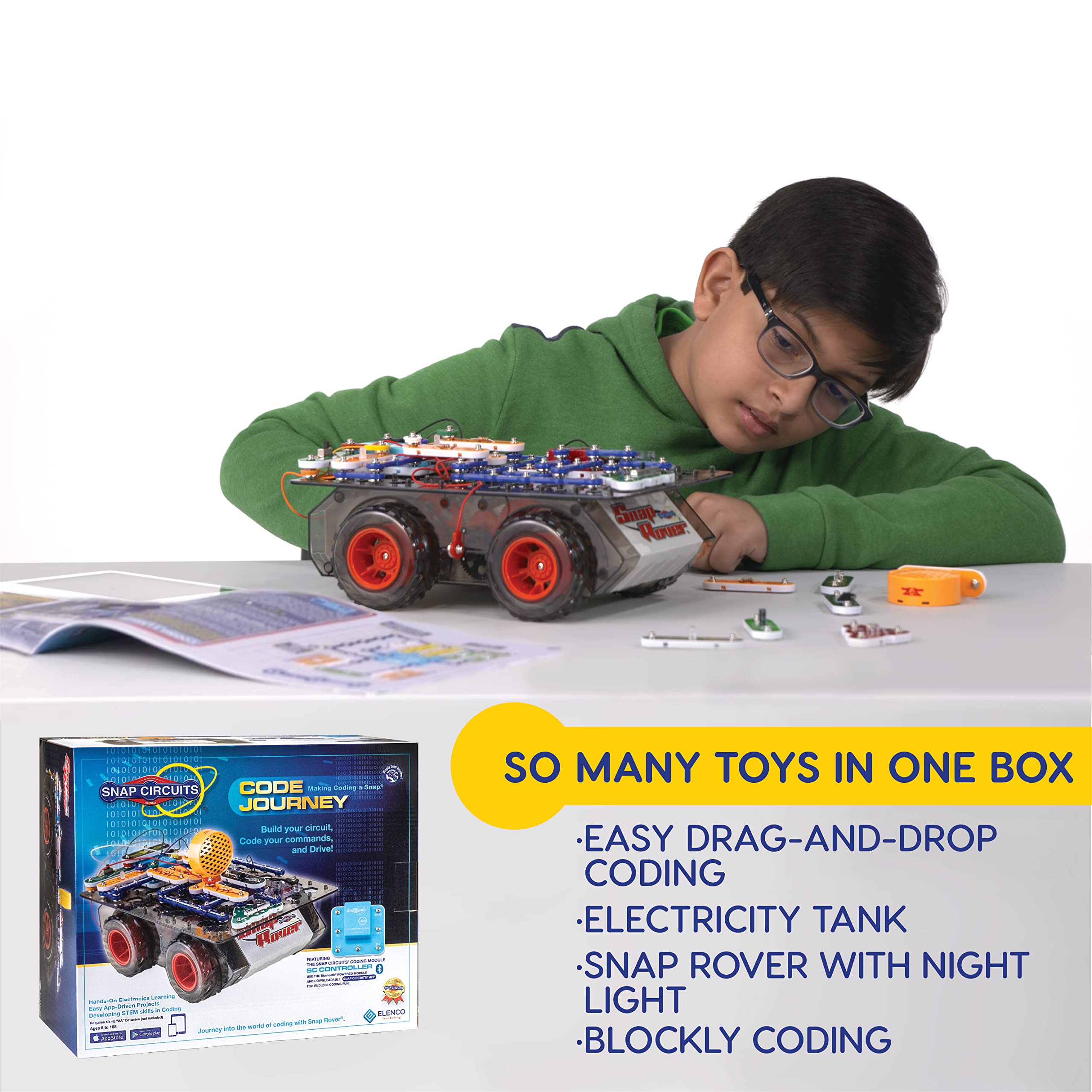 Snap Circuits Code Journey app coding screen guiding simple rover commands.