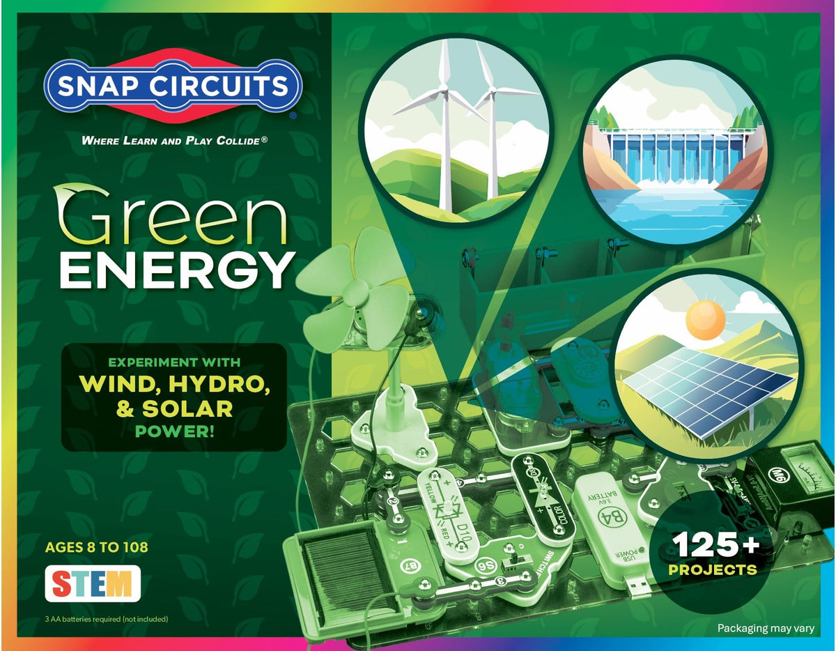 Snap Circuits Green Energy base grid with solar cell shows solar power in a classroom-friendly setup.