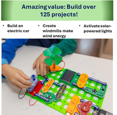 Snap Circuits Green Energy LED light blocks demonstrate lighting effects and circuit completion.