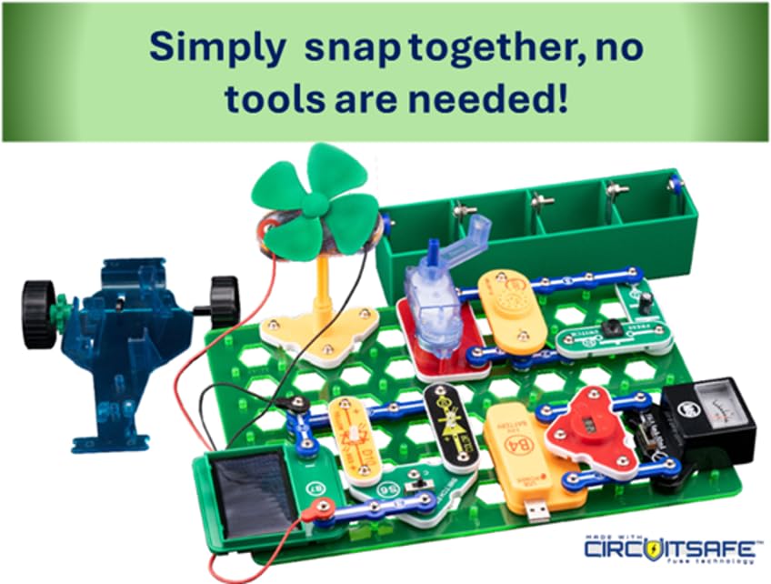 Snap Circuits Green Energy switches help learners control circuits safely.