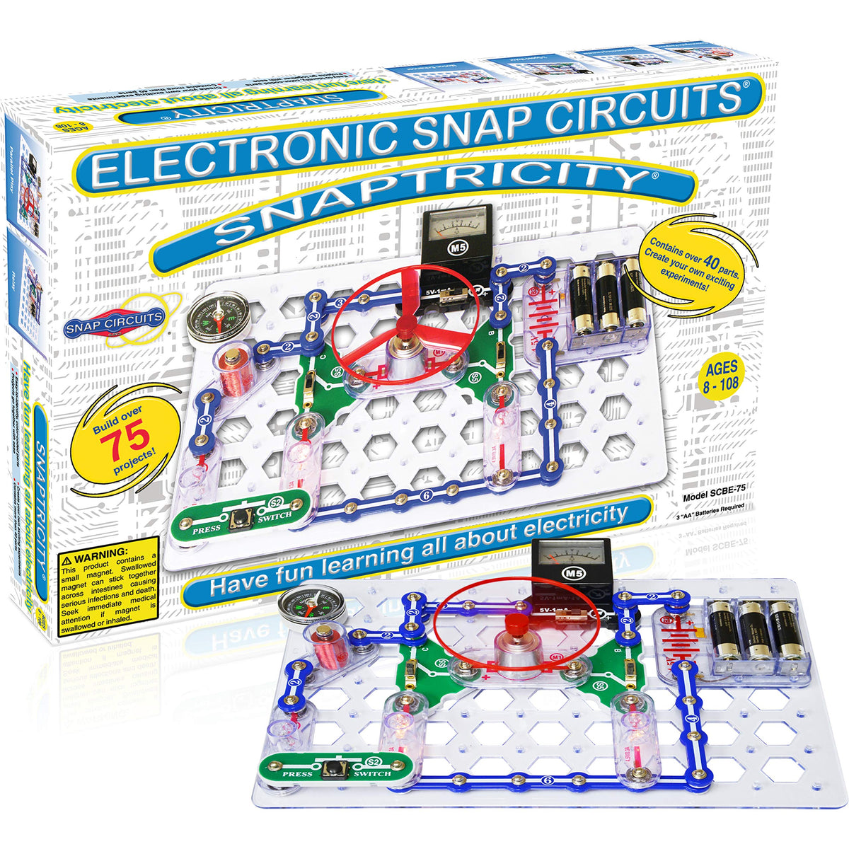 Snap Circuits Snaptricity parts pack—colorful modules for hands-on electricity exploration.