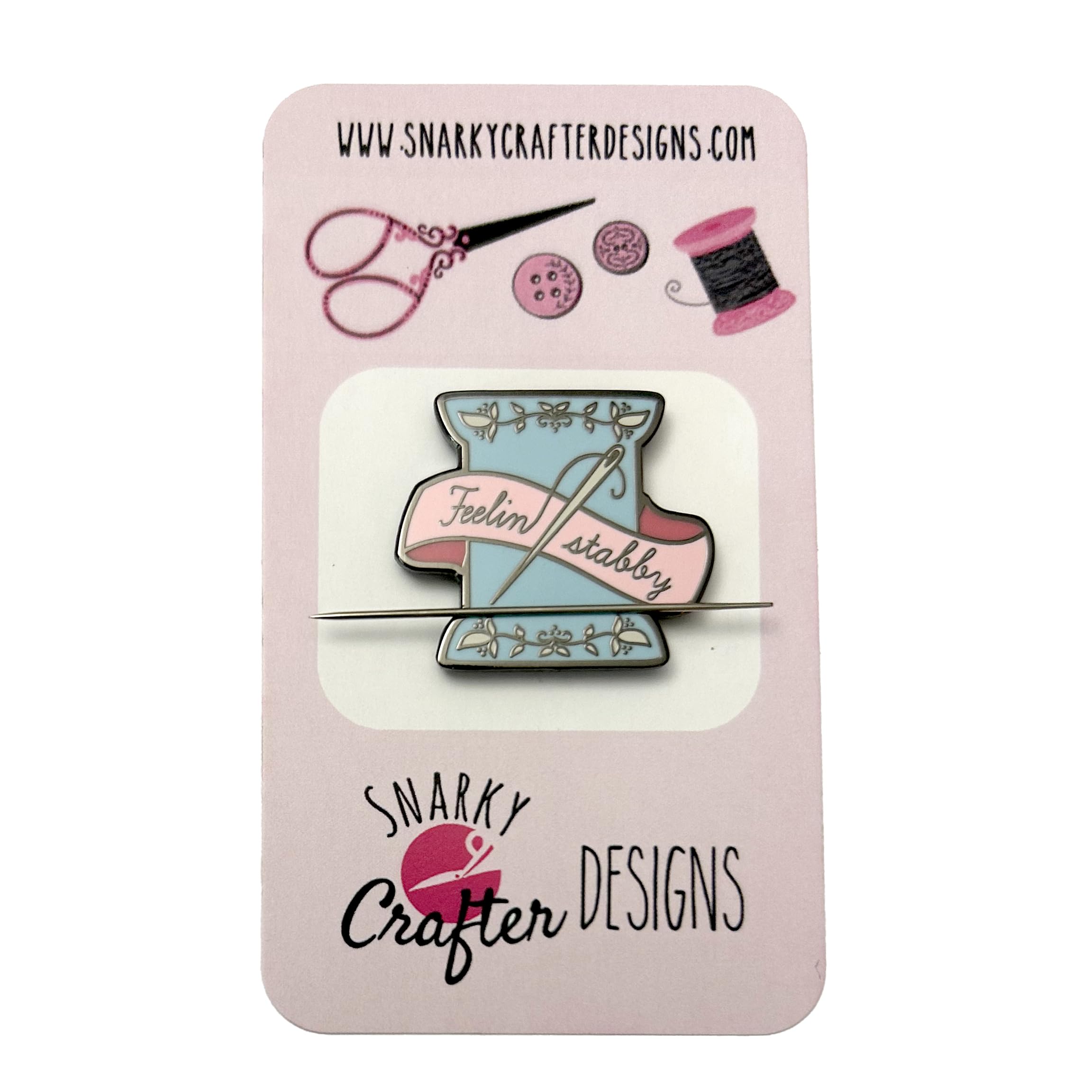 Snarky Crafter Pink & Blue Feeling Stabby Needle Minder backside view highlights secure backer