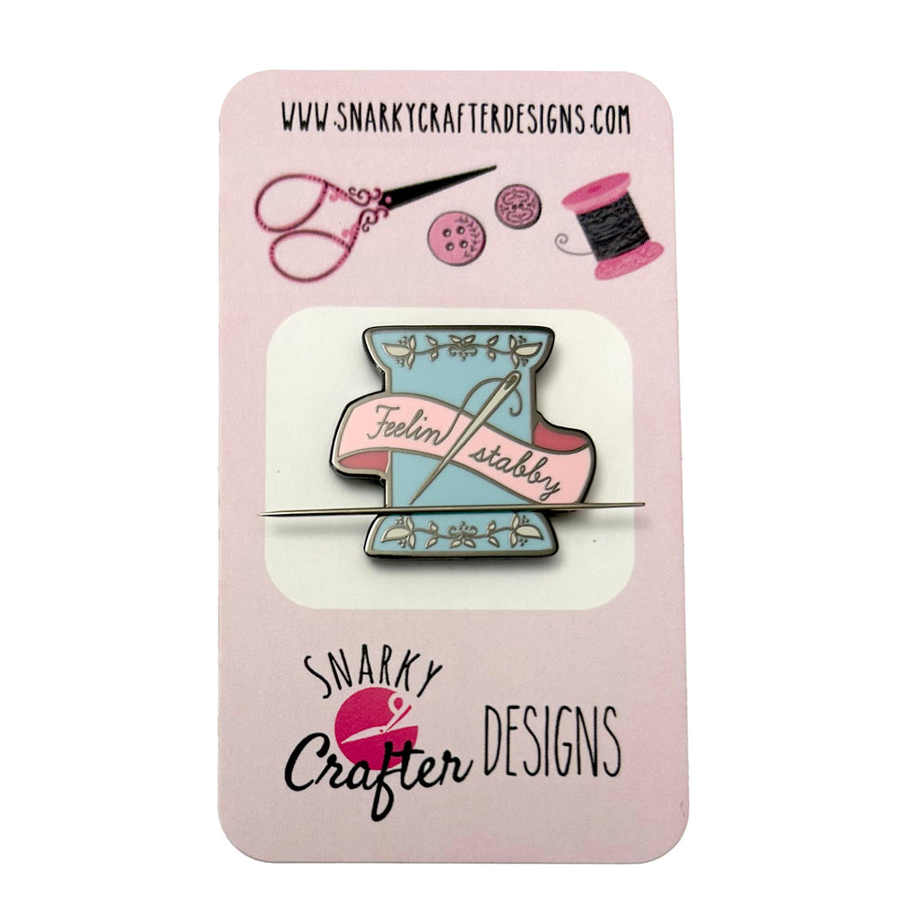 Snarky Crafter Pink & Blue Feeling Stabby Needle Minder backside view highlights secure backer