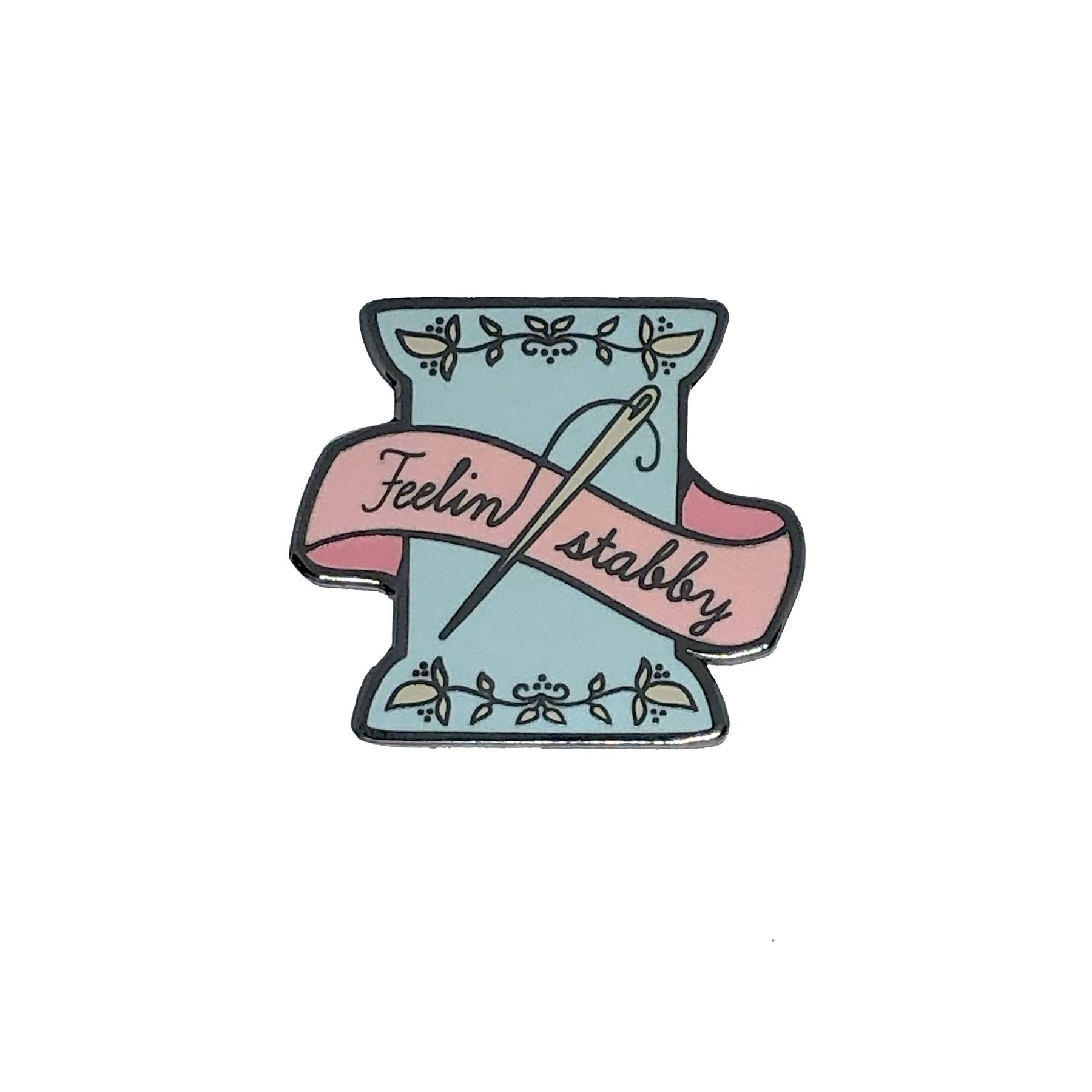 Snarky Crafter Pink & Blue Feeling Stabby Needle Minder front view shows strong magnetic hold
