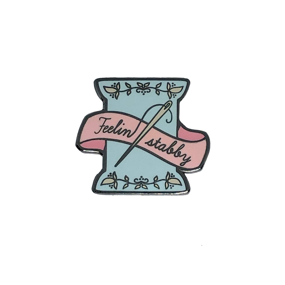 Snarky Crafter Pink & Blue Feeling Stabby Needle Minder front view shows strong magnetic hold
