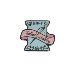 Snarky Crafter Pink & Blue Feeling Stabby Needle Minder front view shows strong magnetic hold