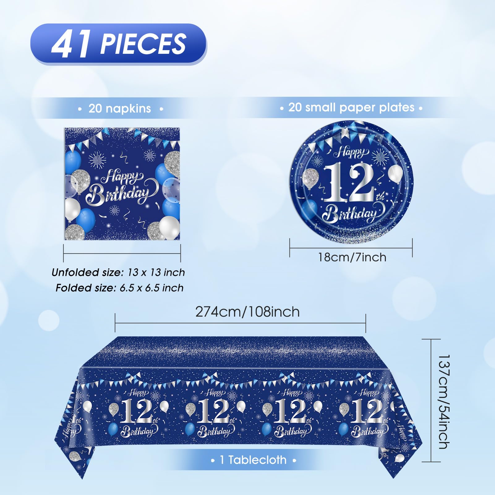 SNIMICS 12th birthday napkins blue-silver coordinate with plates