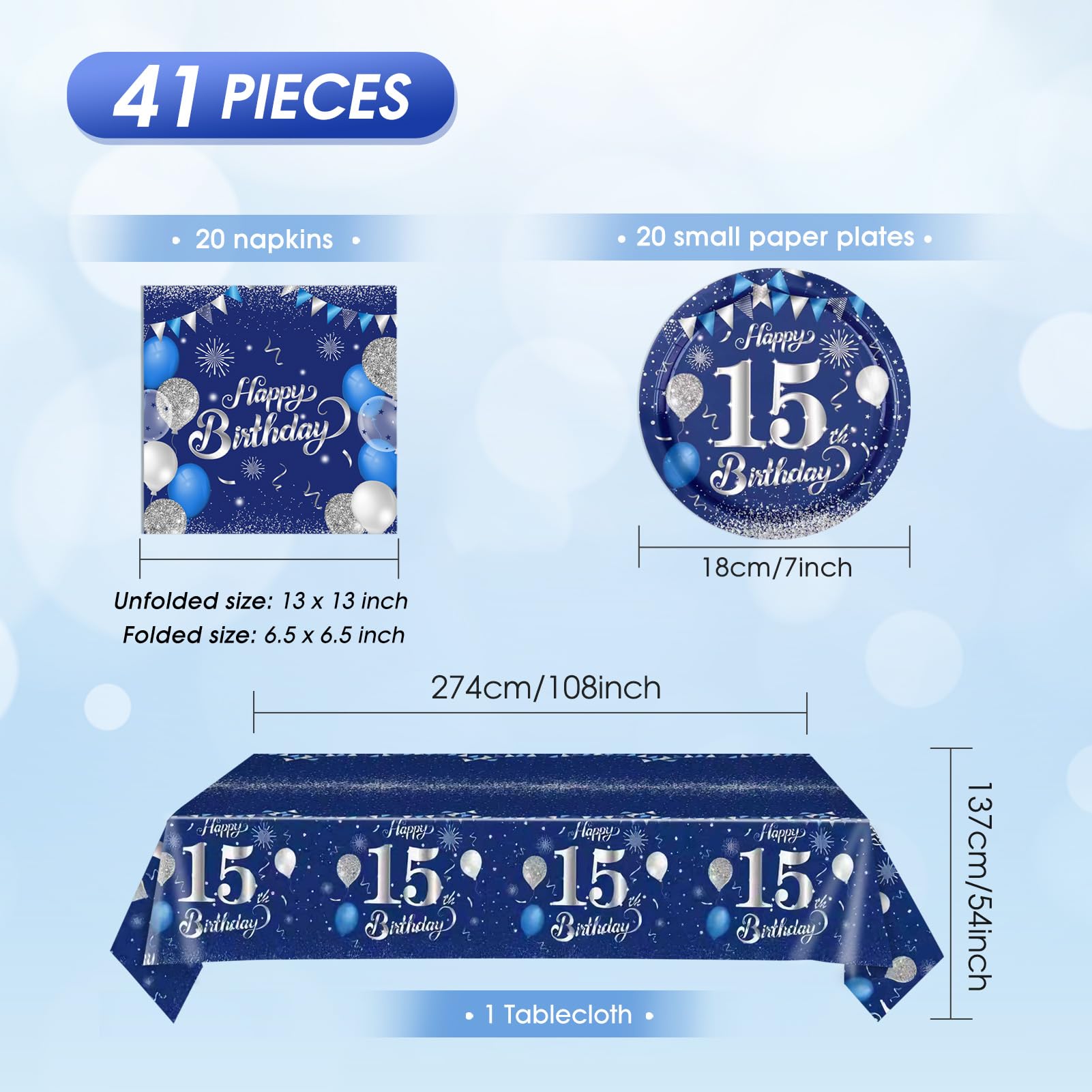 SNIMICS 15th birthday napkins in blue and silver for coordinated cleanup-friendly moments.