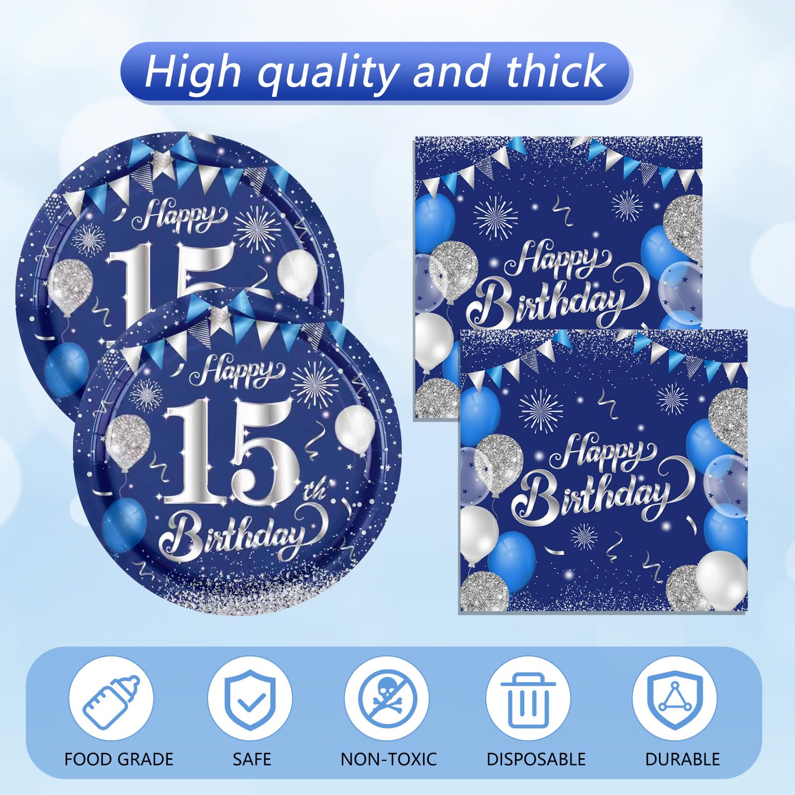SNIMICS blue-silver party theme decor for teen birthday tables.