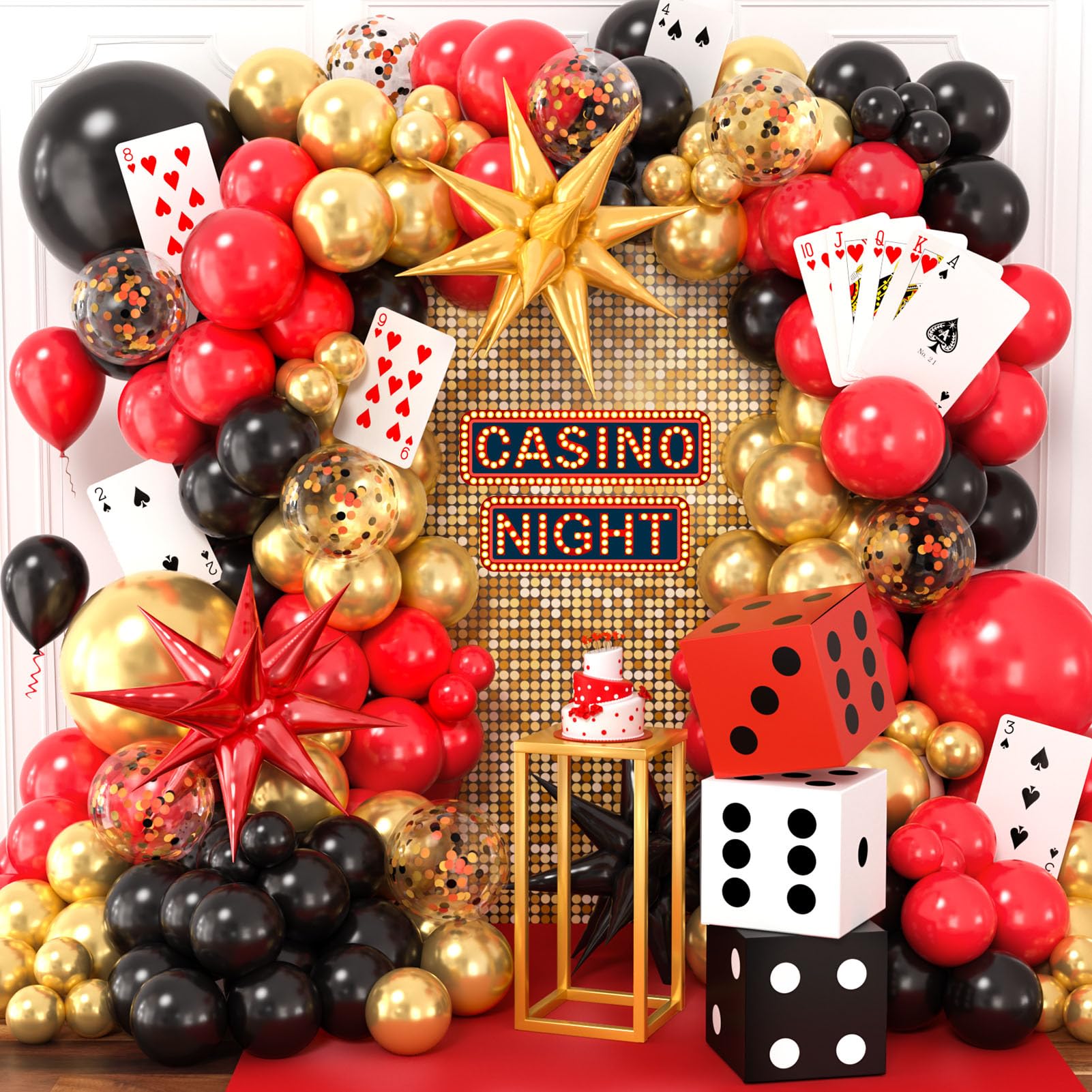 SNLN casino balloon garland adds Vegas vibes and luxurious party atmosphere.