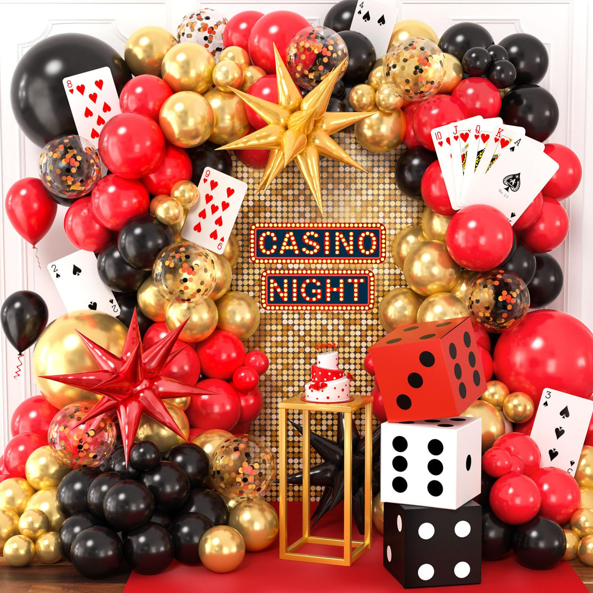SNLN casino balloon garland adds Vegas vibes and luxurious party atmosphere.