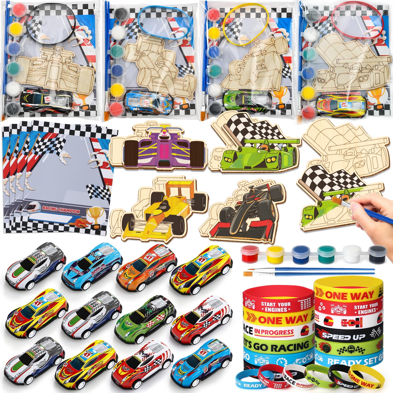 SNLN race car painting kit for kids at a birthday party.