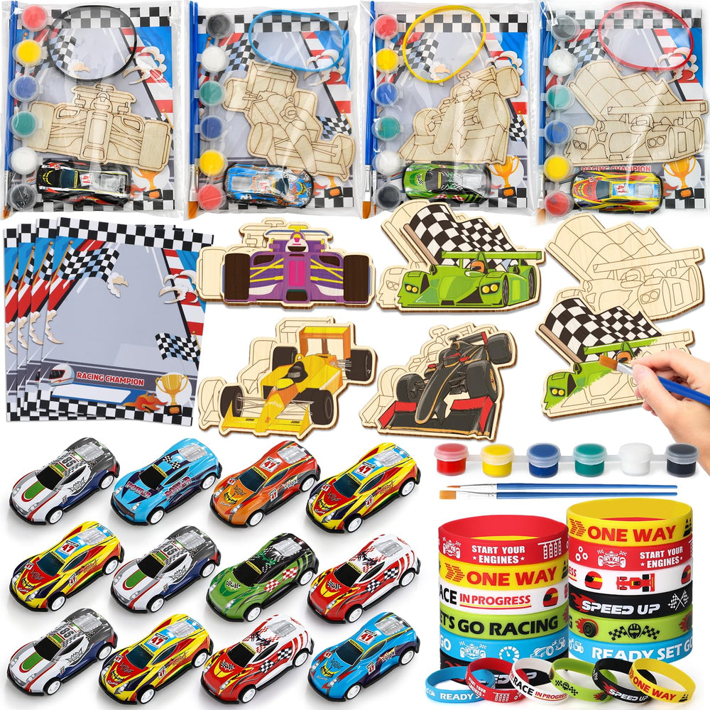 SNLN race car painting kit for kids at a birthday party.